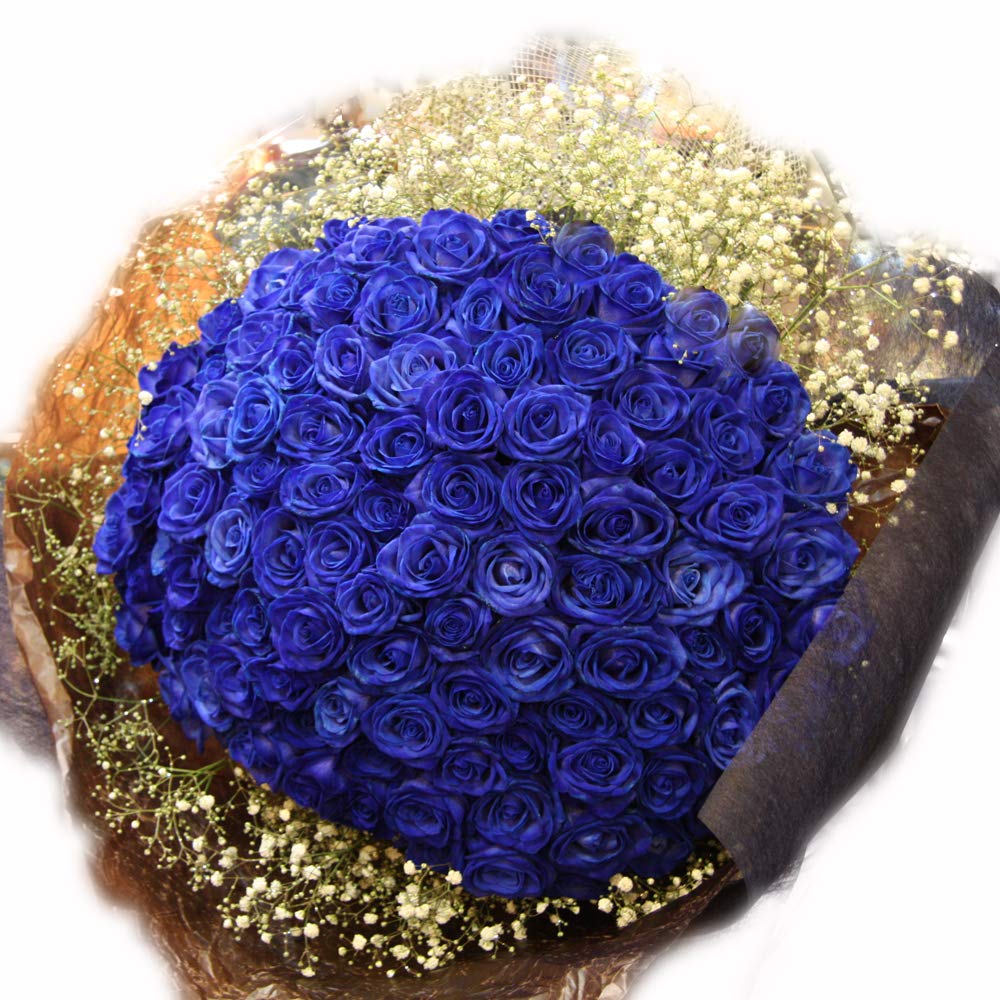 Amazon｜青いバラ ブルーローズ 青ばら 100本の花束 キラキラ白い